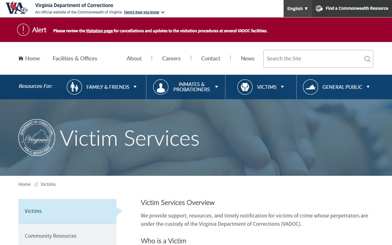 Virginia Booking Releases Department of Corrections victim services page