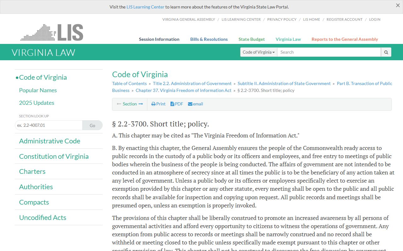 Virginia Booking Releases Freedom of Information Act statute page