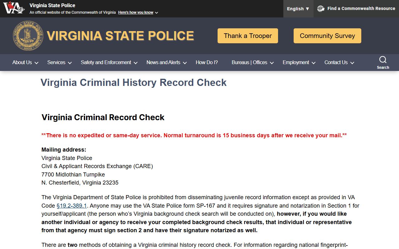 Virginia Booking Releases state police background check page
