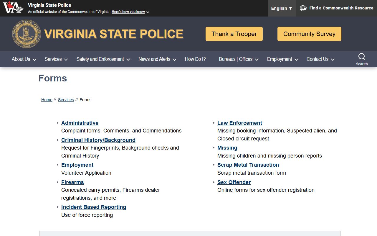 Virginia Booking Releases state police criminal record forms page