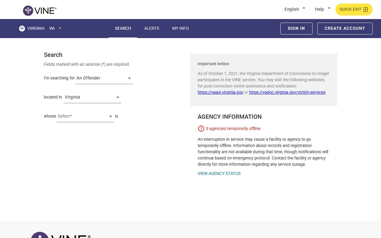 Virginia Booking Releases VINE inmate search page